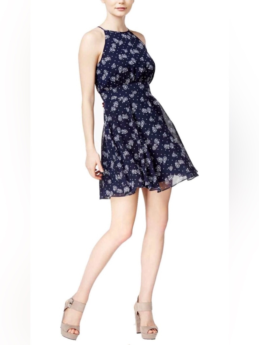 Maison Jules Navy Bicycle Print Fit & Flare Dress L Polka Dot Sleeveless
